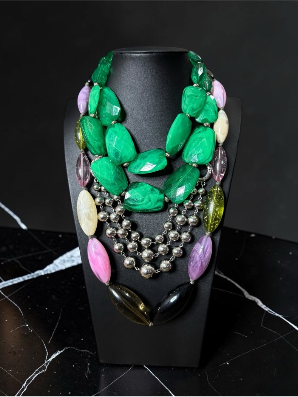 Multi-Strand Green Statement Necklace with Pastel Gem Accents